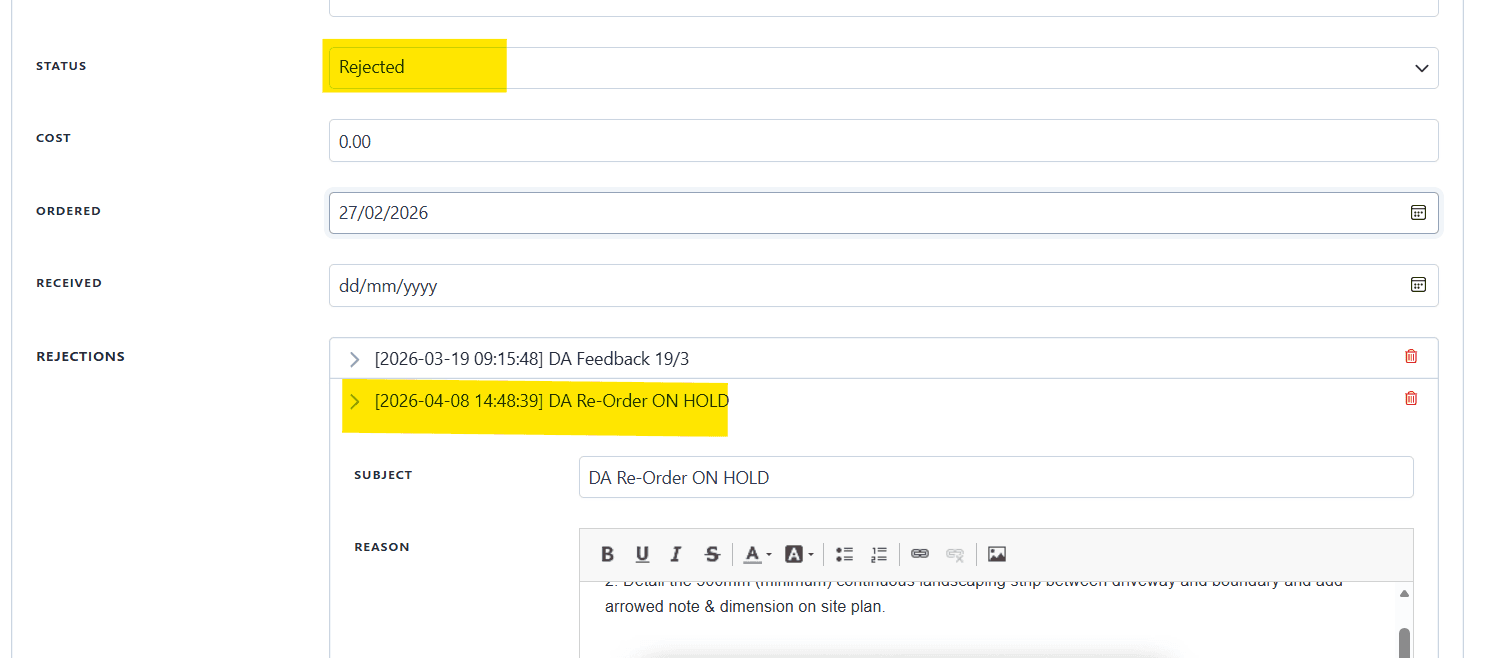 On hold and rejection reasons